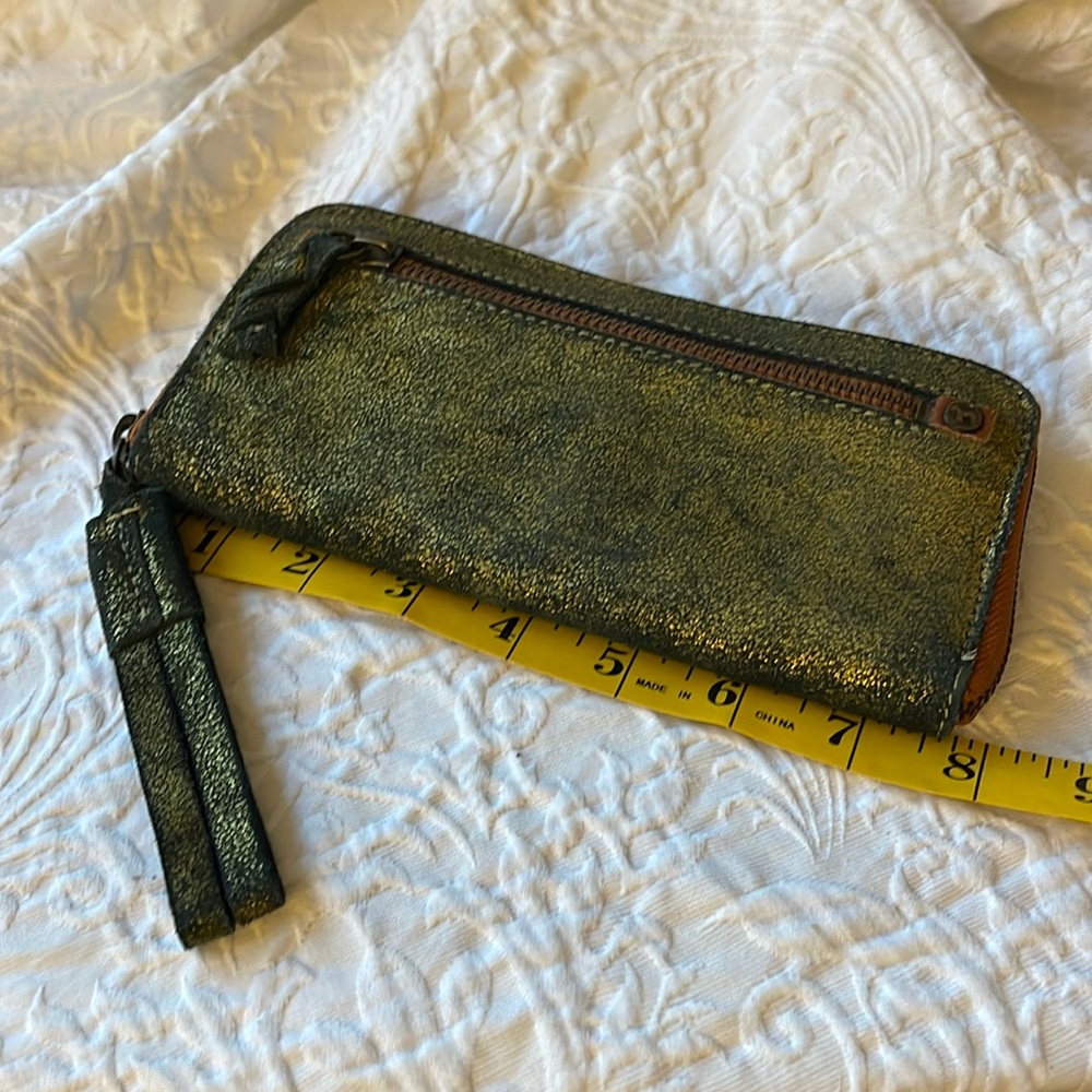 Holding Horses Anthropology Zip around wristlet wallet navy w/gold shimmer suede